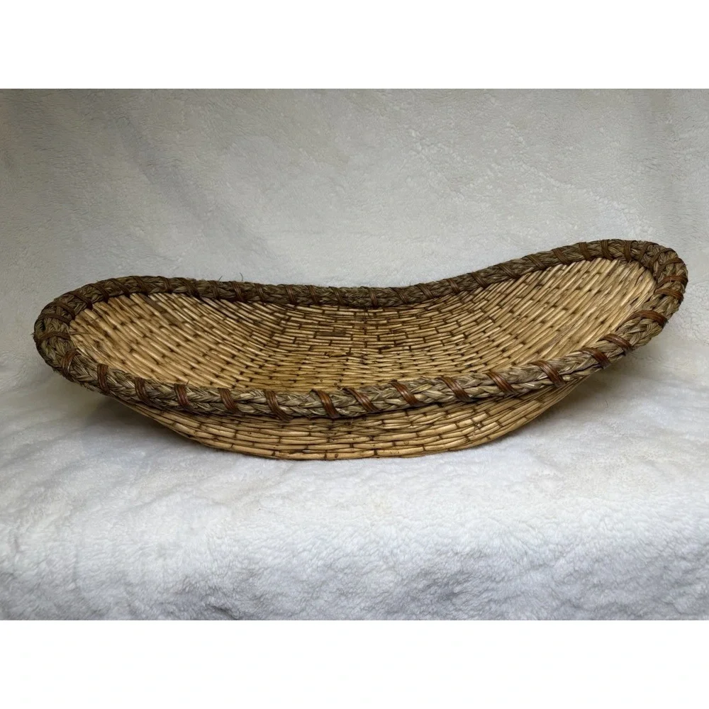 Antique Winnowing Basket Bamboo Tray Egg Shaped Bohemian Primitive Rustic 22x11